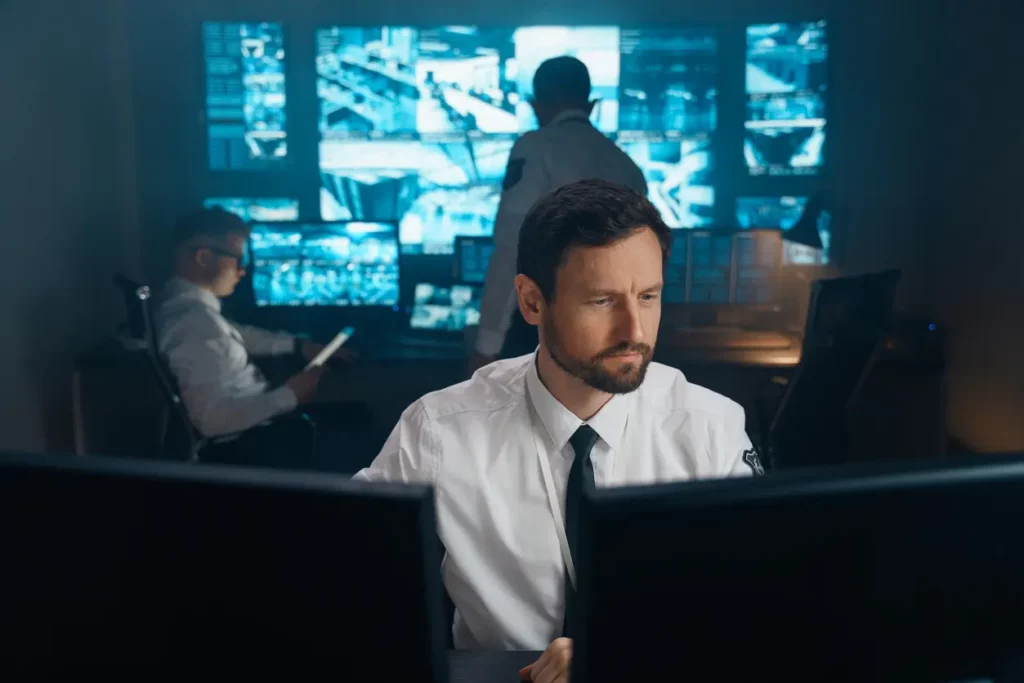 A man wearing a shirt and tie sits in front of two computer monitors. In the background are two other individuals doing the same.